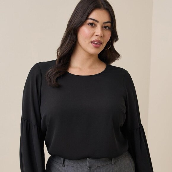 torrid Tops - Torrid - Georgette Blouson Sleeve Blouse in Deep Black​​​​